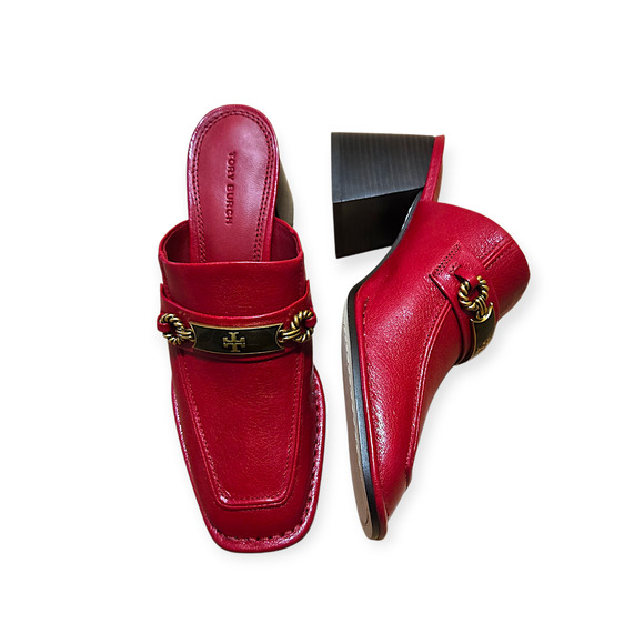 Tory Burch Red Perrine Vintage Gold Plaque Heel Fellini Milled Mule Pumps Size 7 - Picture 2 of 9